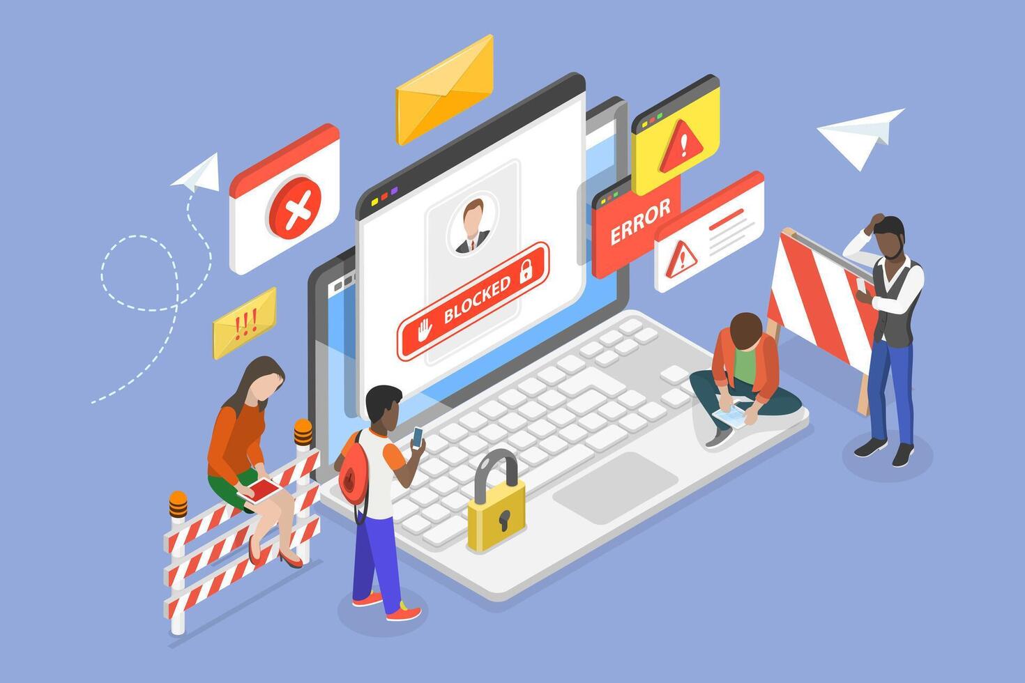 3D Isometric Flat Conceptual Illustration of Blocked User Account, Profile Deactivation vector