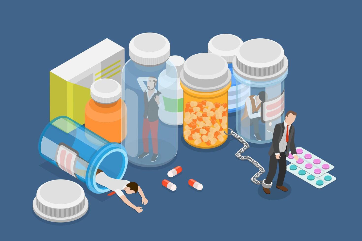 3D Isometric Flat Conceptual Illustration of Drug Misuse, Society Addiction Problem vector