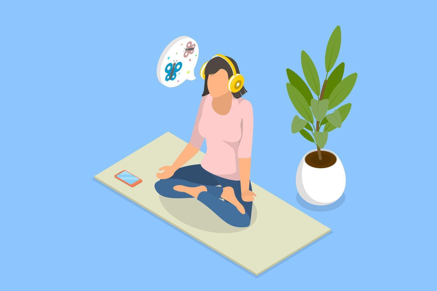 3D Isometric Flat Conceptual Illustration of Meditating, Music Therapy vector