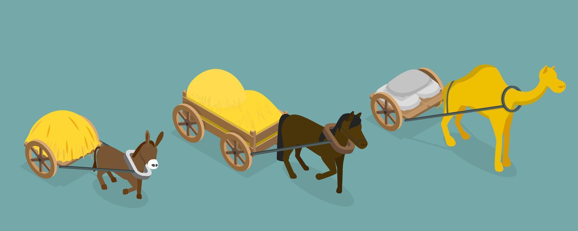 3D Isometric Flat Set of Draft Animals, Medieval Transport vector