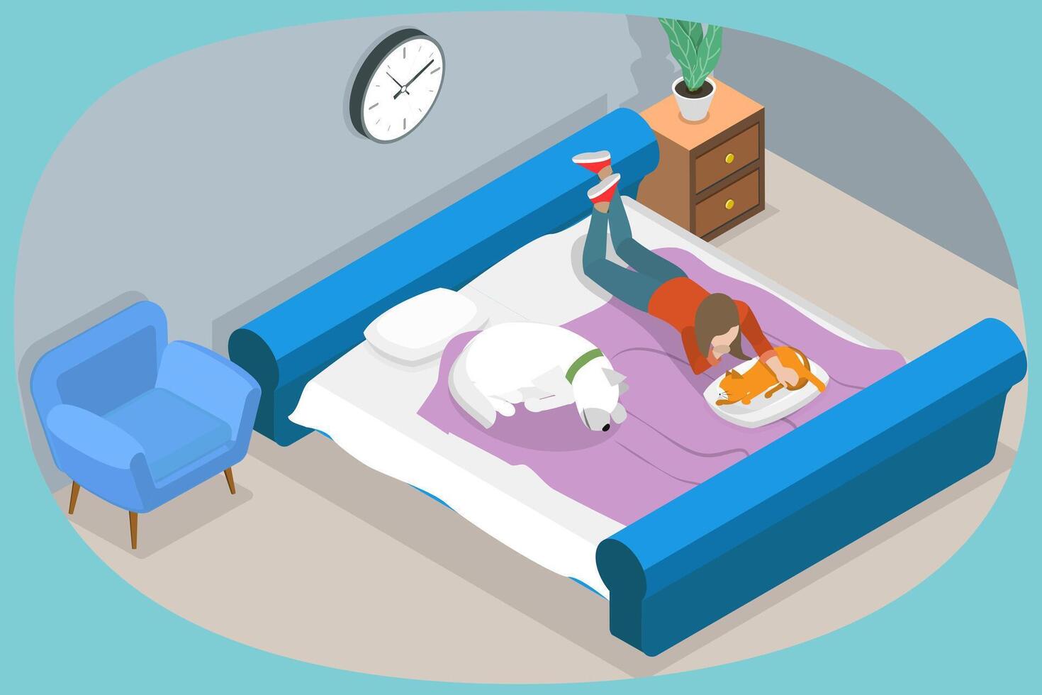 3D Isometric Flat Conceptual Illustration of Rest With Pets, Comfort and Coziness in House vector