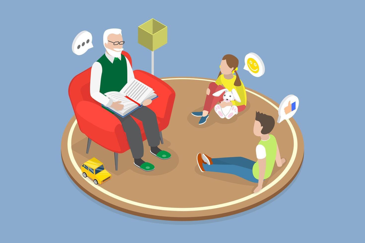 3D Isometric Flat Conceptual Illustration of Grandfather Story, Visiting Grandparents vector