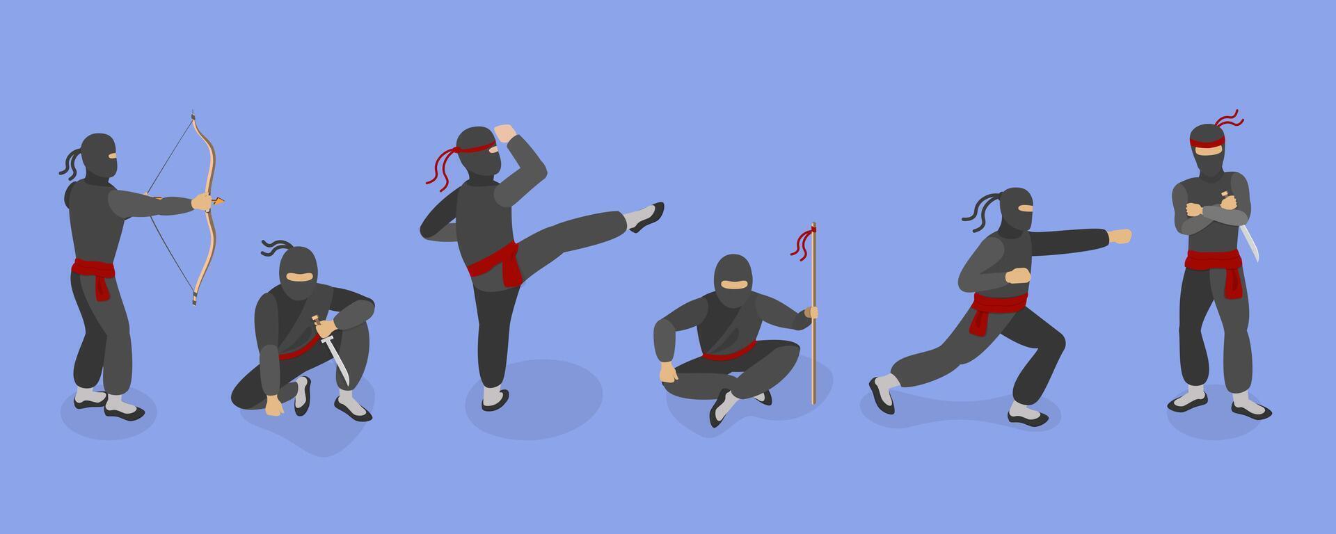 3D Isometric Flat Set of Ninja Warriors, Fighting Poses vector