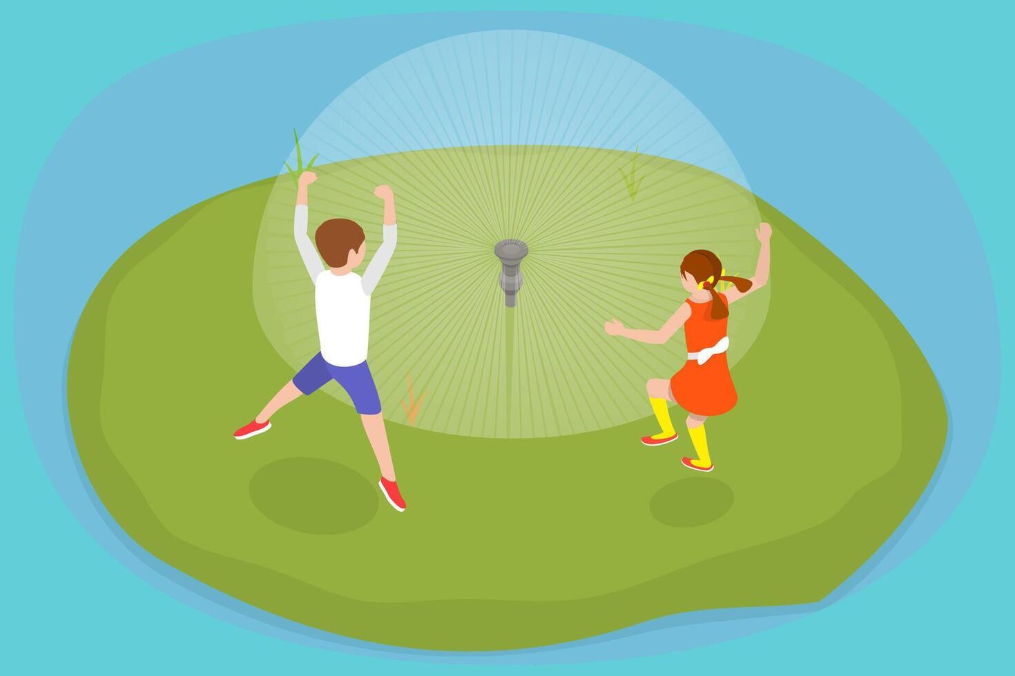 3D Isometric Flat Conceptual Illustration of Automatic Sprinkler System, Happy Kids on the Irrigating Lawn vector