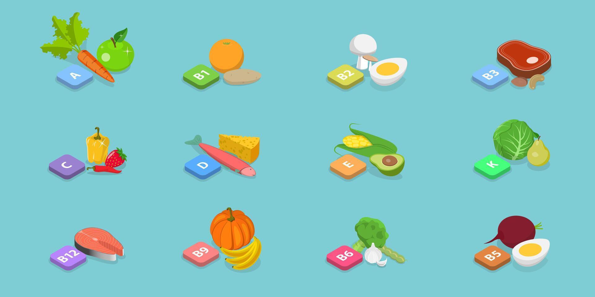 3D Isometric Flat Conceptual Illustration of Vitamins And Minerals, Healthy Food Supplements vector