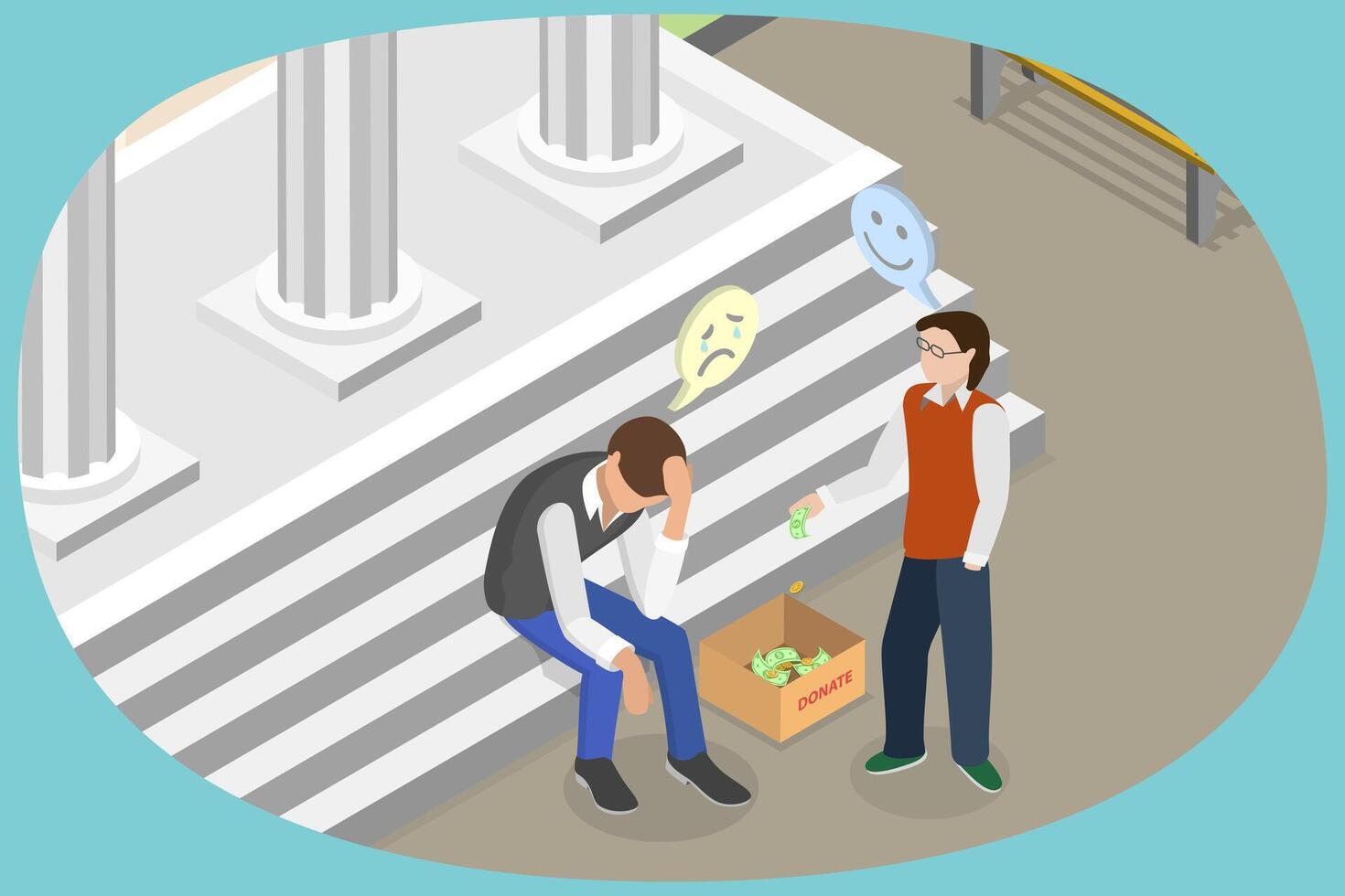 3D Isometric Flat Conceptual Illustration of Beggar, Donating Money to a Homeless vector