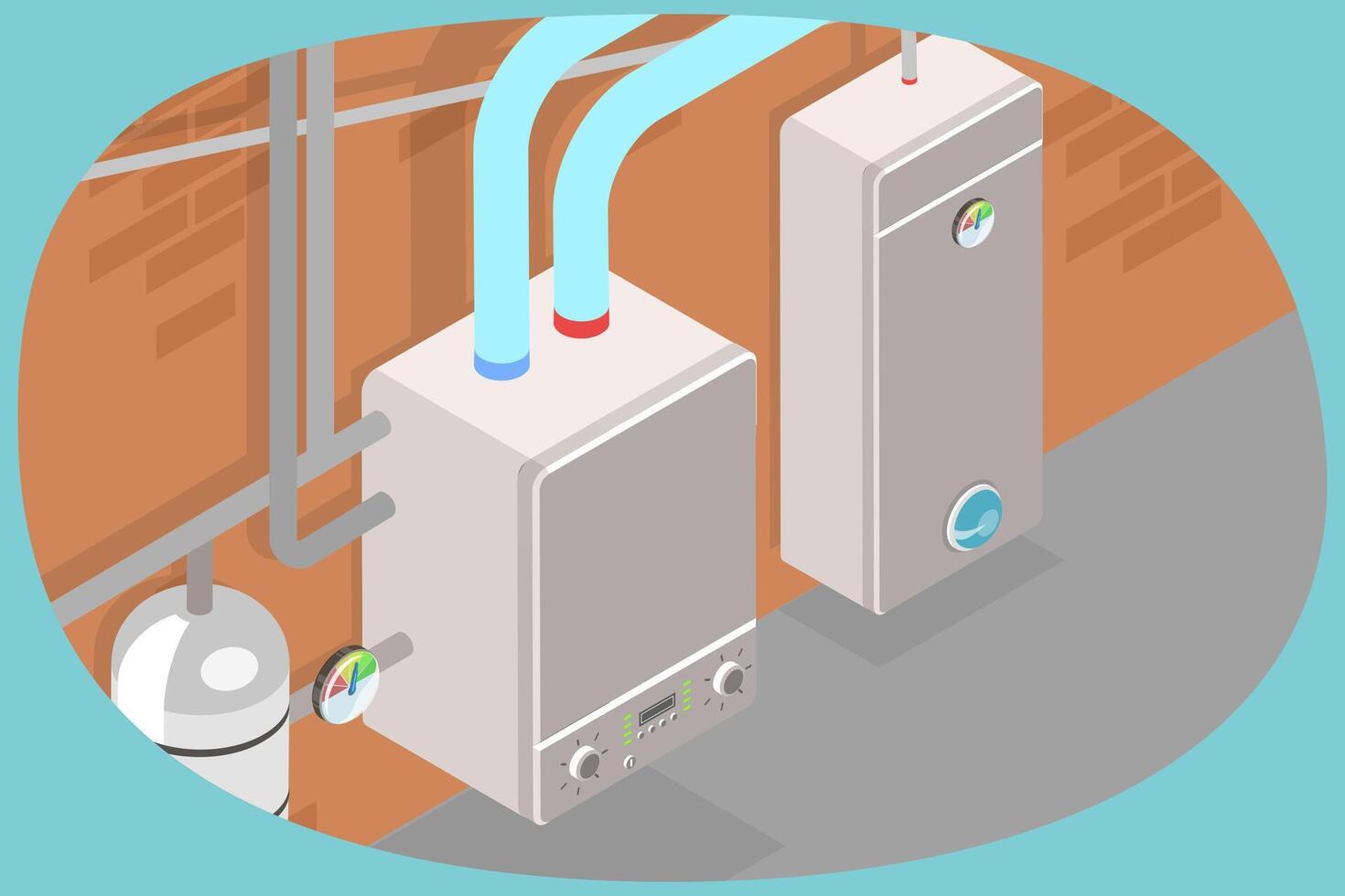 3D Isometric Flat Conceptual Illustration of Boiler Room, Heating System in a House Basement vector