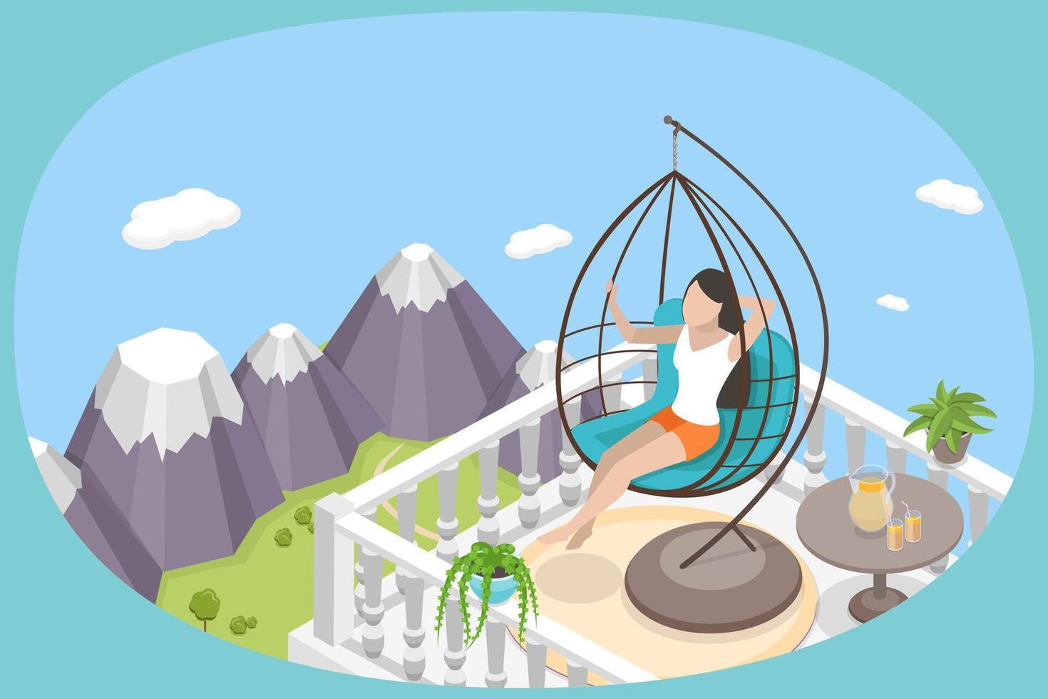 3D Isometric Flat Conceptual Illustration of Relax On Rooftop Terrace, Balcony Garden with Plants and Furniture vector