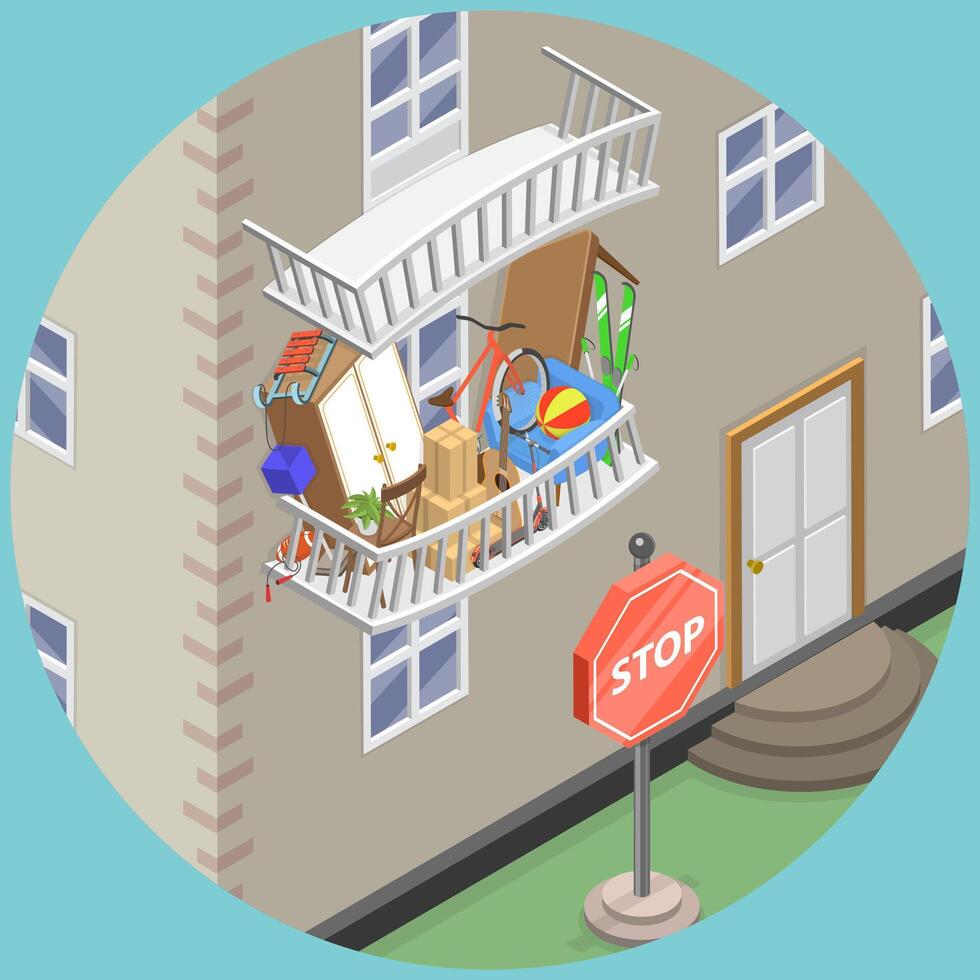 3D Isometric Flat Conceptual Illustration of Overflown Balcony, Excessive Consumerism vector