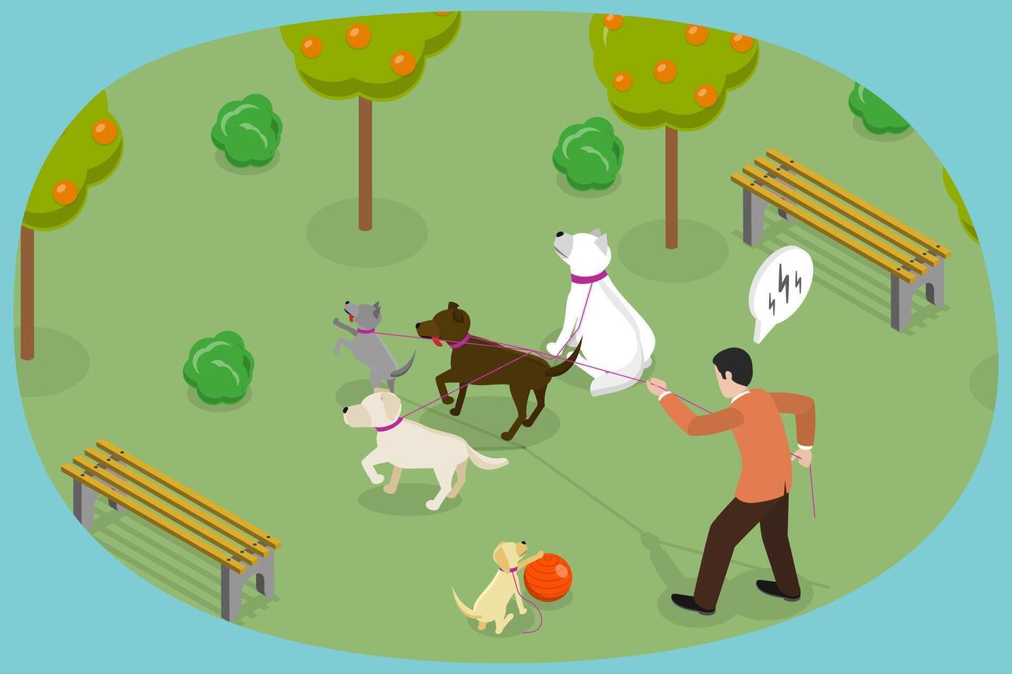 3D Isometric Flat Conceptual Illustration of Walking with Dogs, Strolling with Pets on a Leash vector