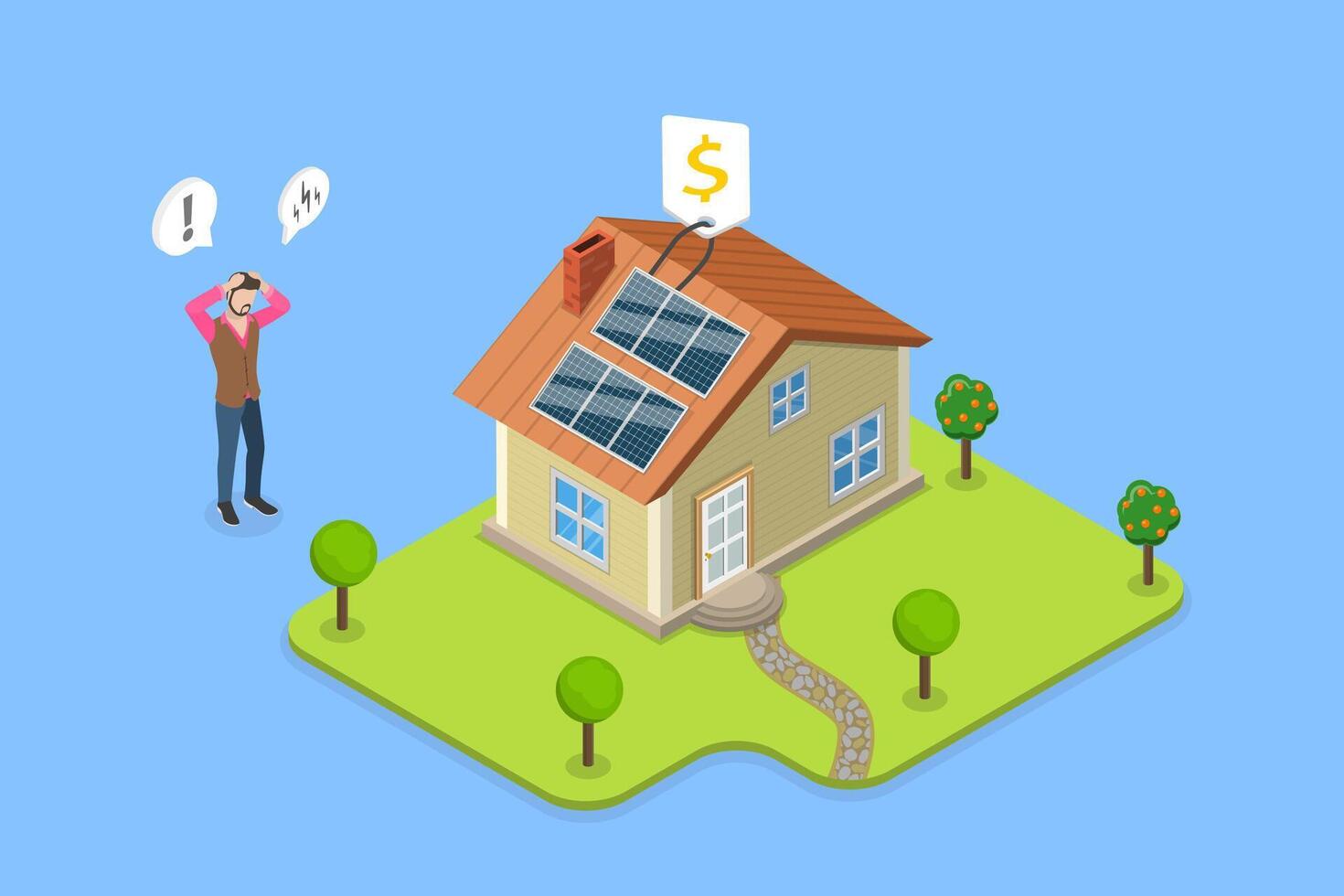 3D Isometric Flat Conceptual Illustration of Expensive Alternative Energy, Sustainable House Upgrade vector