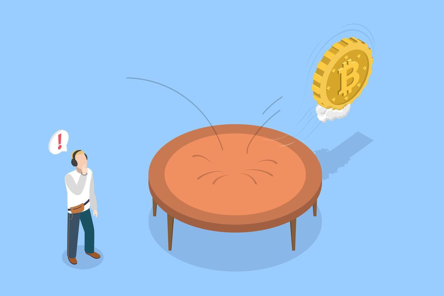 3D Isometric Flat Conceptual Illustration of Bitcoin Price Rebound, Bounce Effect of Cryptocurrency vector