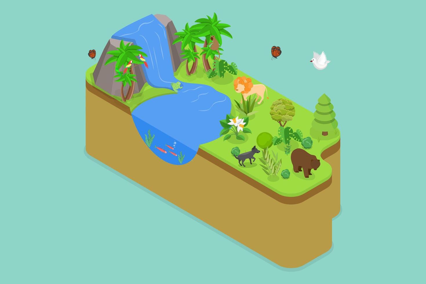 3D Isometric Flat Conceptual Illustration of Ecosystem, Natural Wildlife Species vector