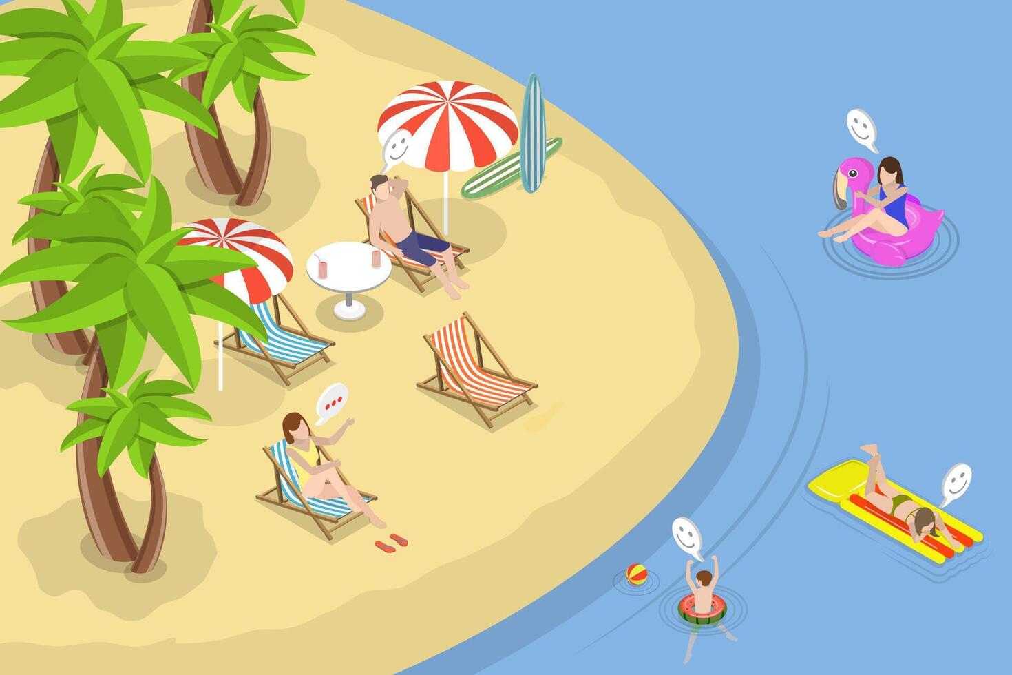 3D Isometric Flat Conceptual Illustration of Summer Time, Leisure and Relaxation vector