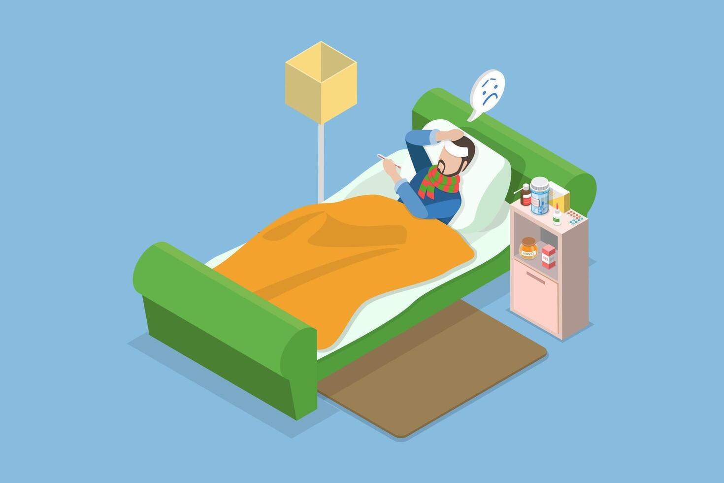 3D Isometric Flat Conceptual Illustration of Feeling Unwell, Sick Person in Bed vector
