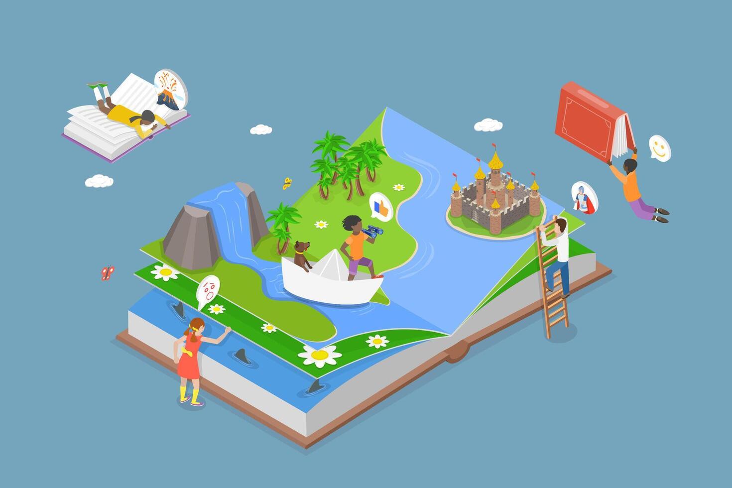 3D Isometric Flat Conceptual Illustration of Children Literature, Fantasy, Adventures and Imagination vector