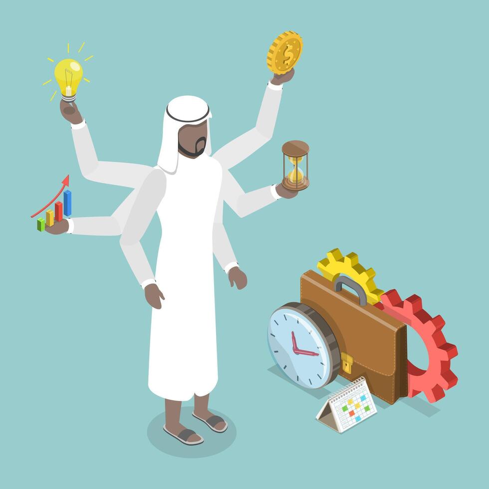 3D Isometric Flat Conceptual Illustration of Multitasking, Muslim Businessman vector