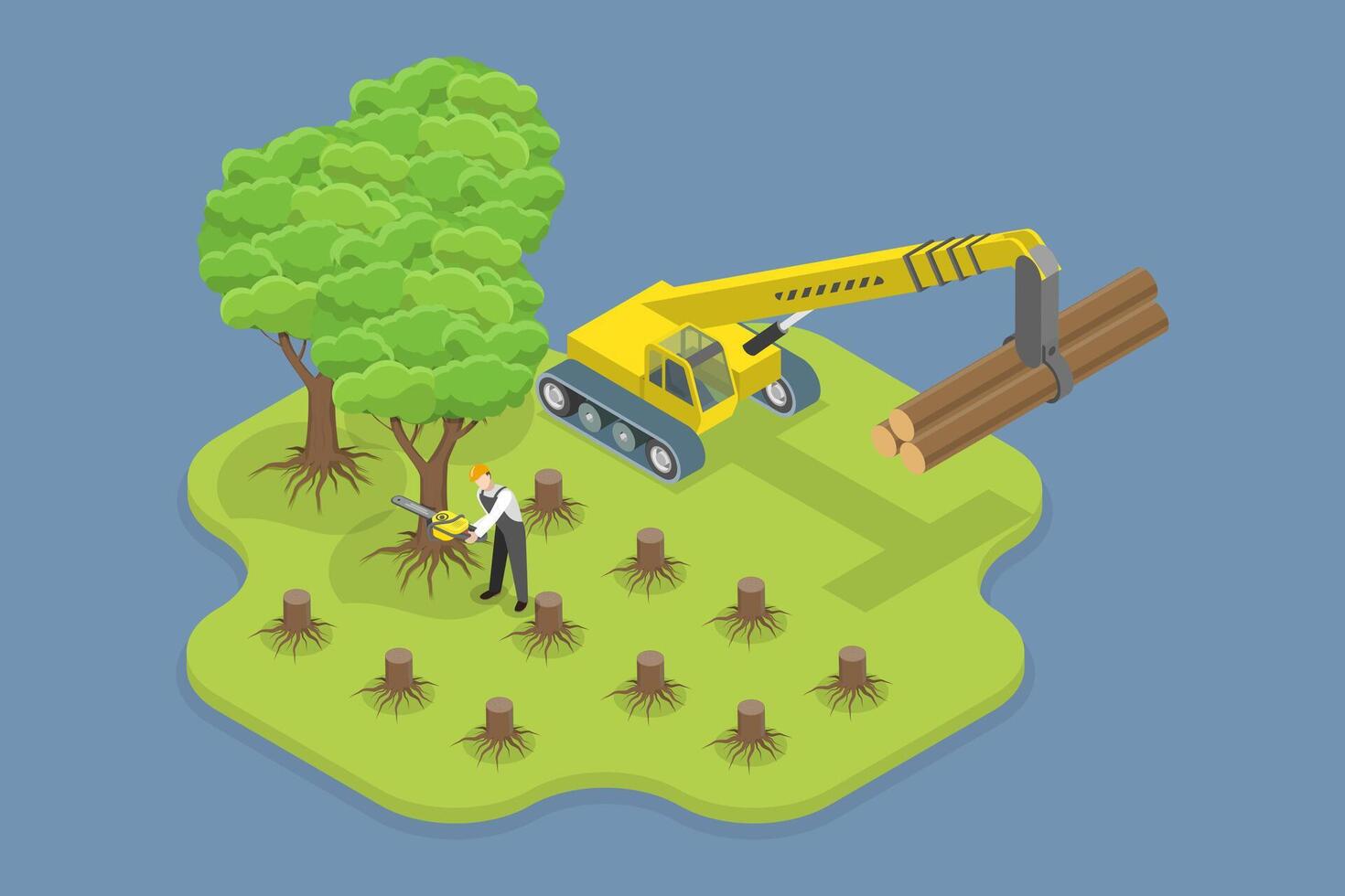 3D Isometric Flat Conceptual Illustration of Deforestation, Chopping Forest, Destruction of Wood vector