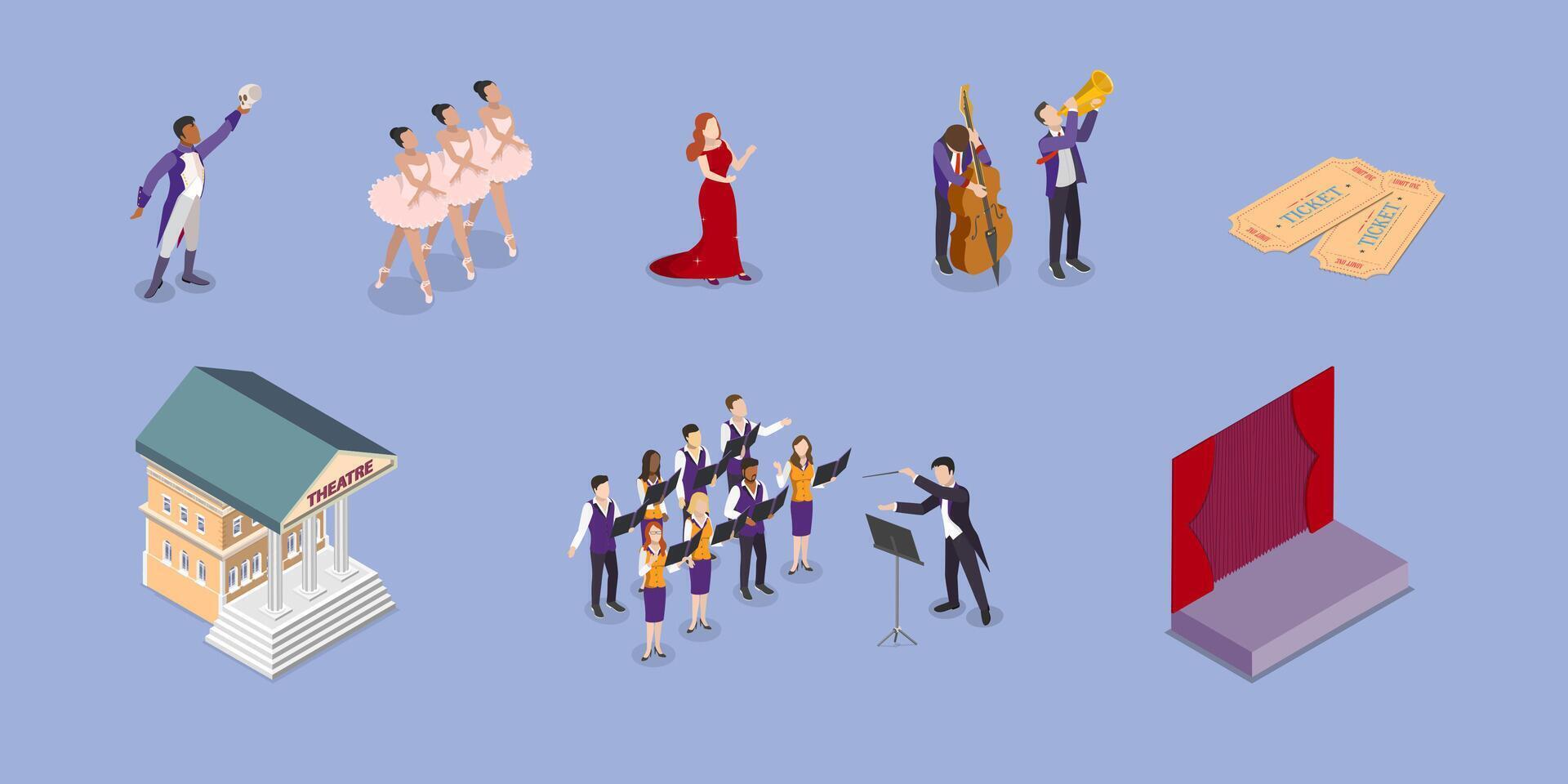 3D Isometric Flat Set of Opera Scenes, Theater and Entertainment vector