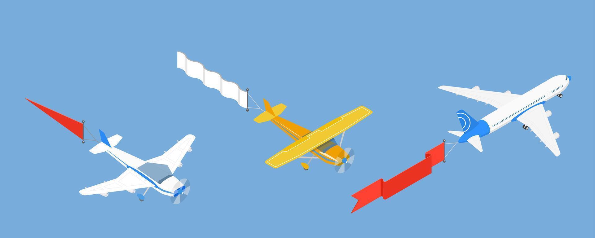 3D Isometric Flat Set of Aircrafts In Sky With Banners, Flying Advertising vector