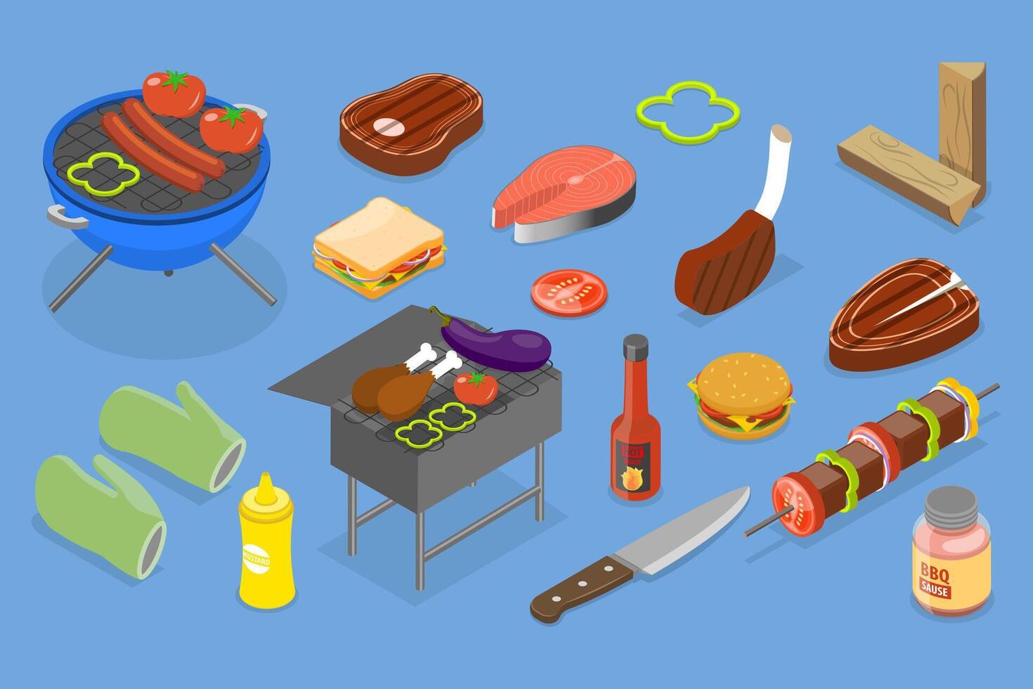 3D Isometric Flat Set of Barbecue, BBQ and Meat Grilling vector