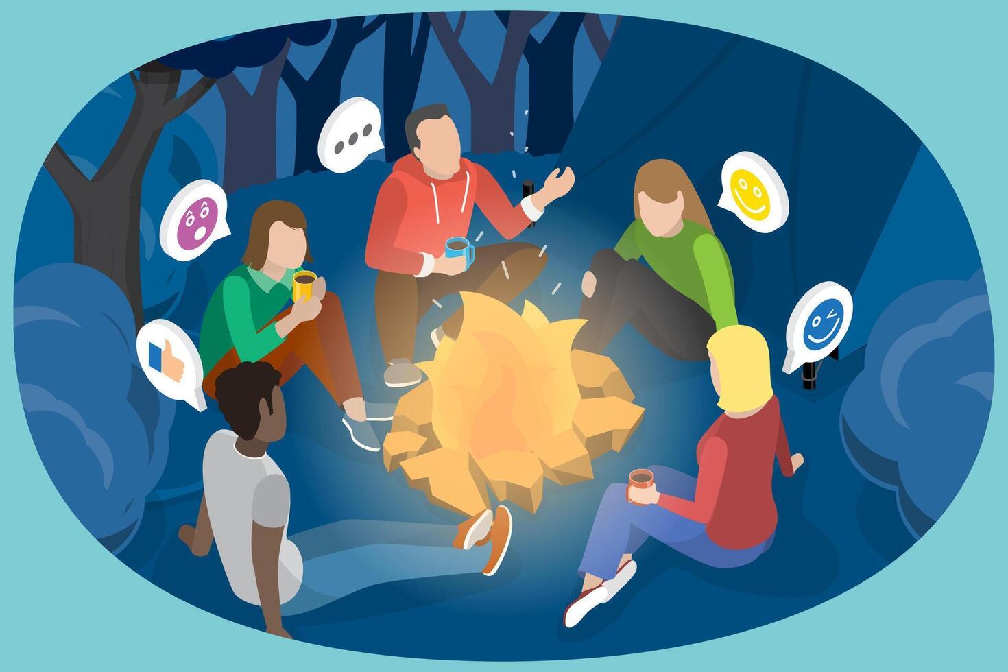 3D Isometric Flat Conceptual Illustration of Campfire Story, Camping and Storytelling vector