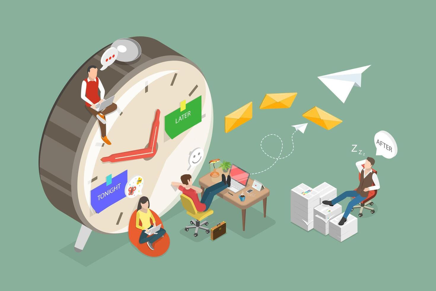 3D Isometric Flat Conceptual Illustration of Procrastination, Unprofitable Time, Do It Later vector