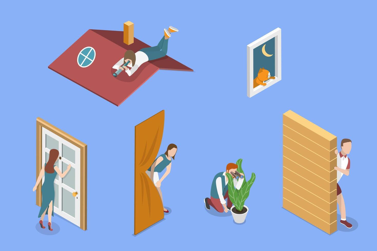 3D Isometric Flat Set of Spying People, Observing and Sneaking vector