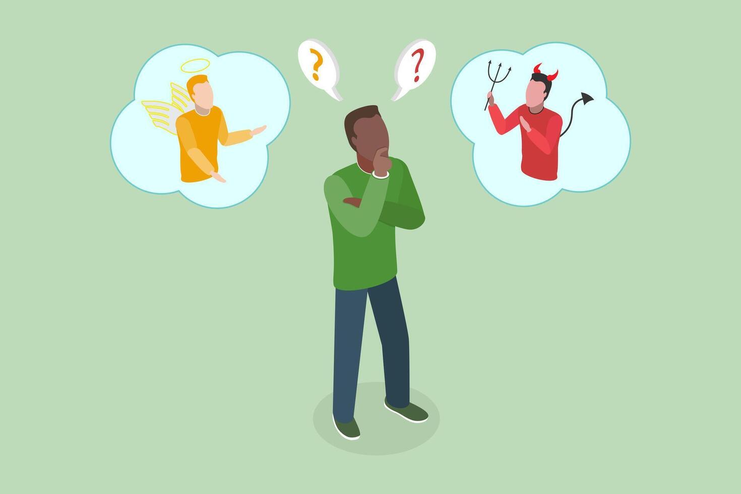 3D Isometric Flat Conceptual Illustration of Right Or Wrong Decision, Shoulder Devil and Angel vector