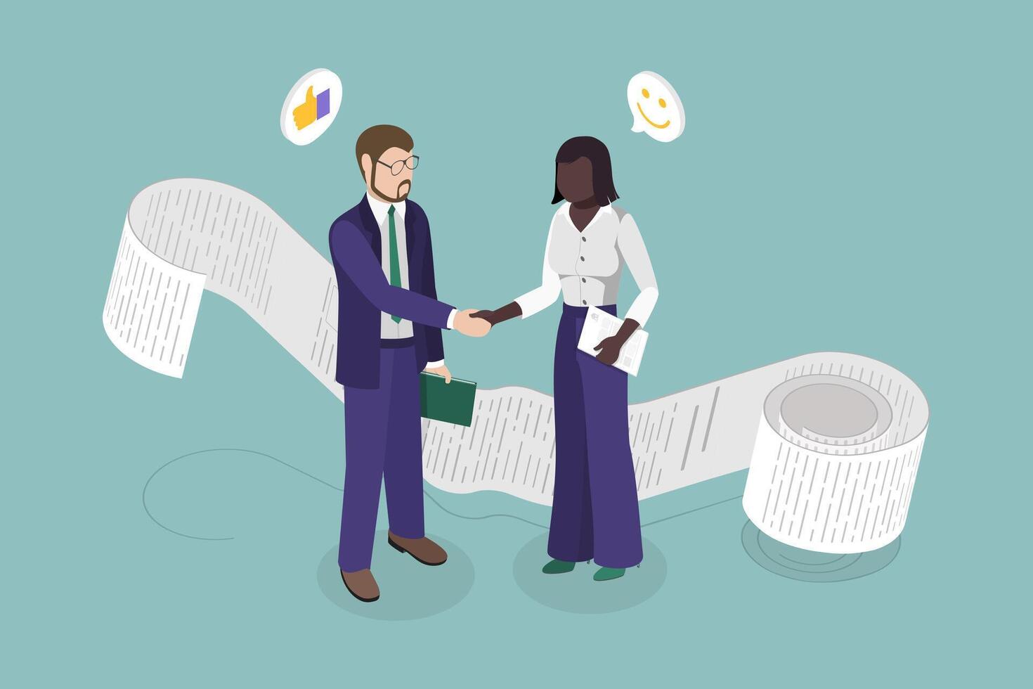 3D Isometric Flat Conceptual Illustration of User Agreement, Partnership and Handshake vector