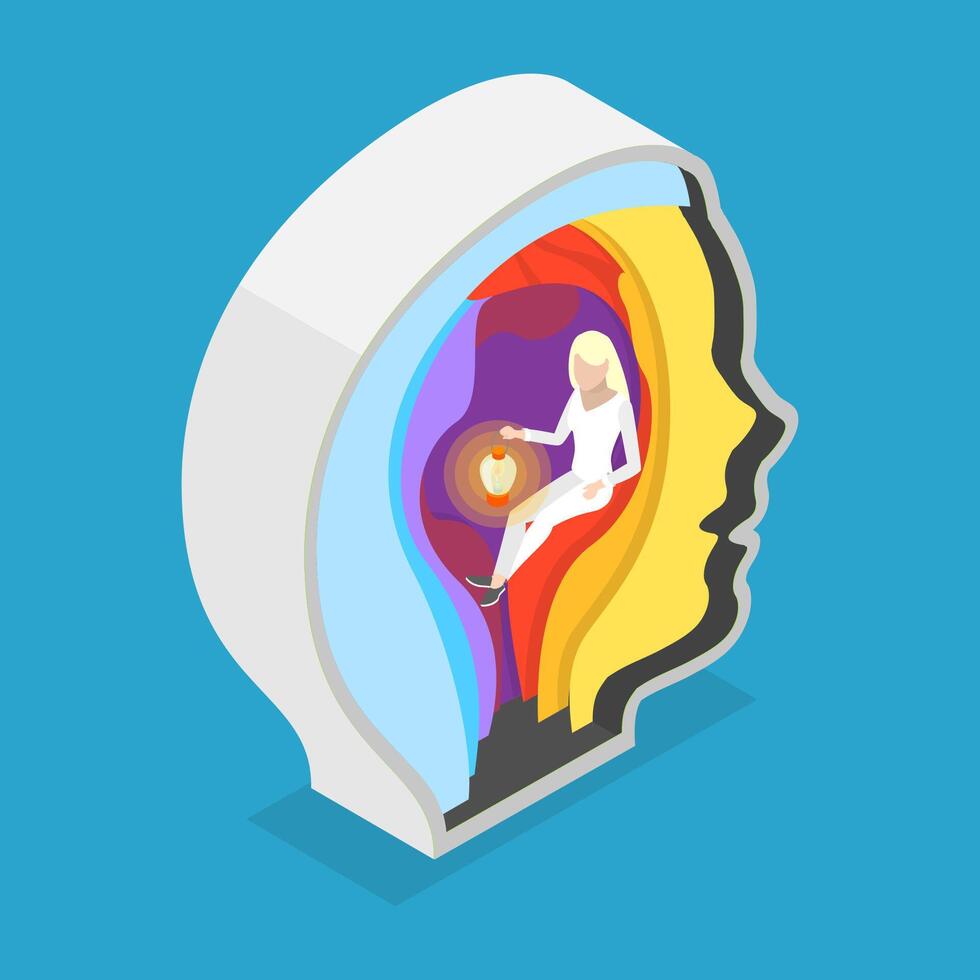 3D Isometric Flat Conceptual Illustration of Inside Head, Mental Health and Harmony vector