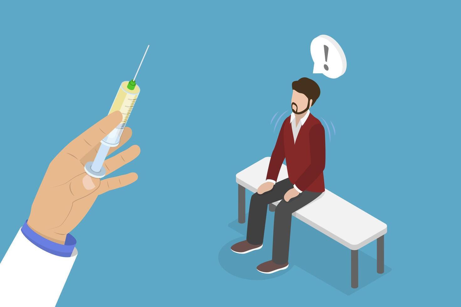 3D Isometric Flat Conceptual Illustration of Fear Of Needles, Scared Person Afraid of Medical Shots vector