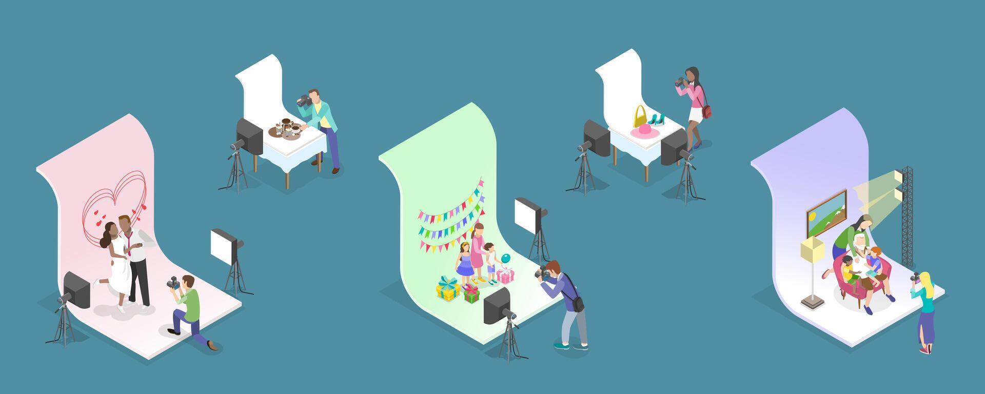 3D Isometric Flat Conceptual Illustration of Photo Studio, Photographing Models During Photo Session vector