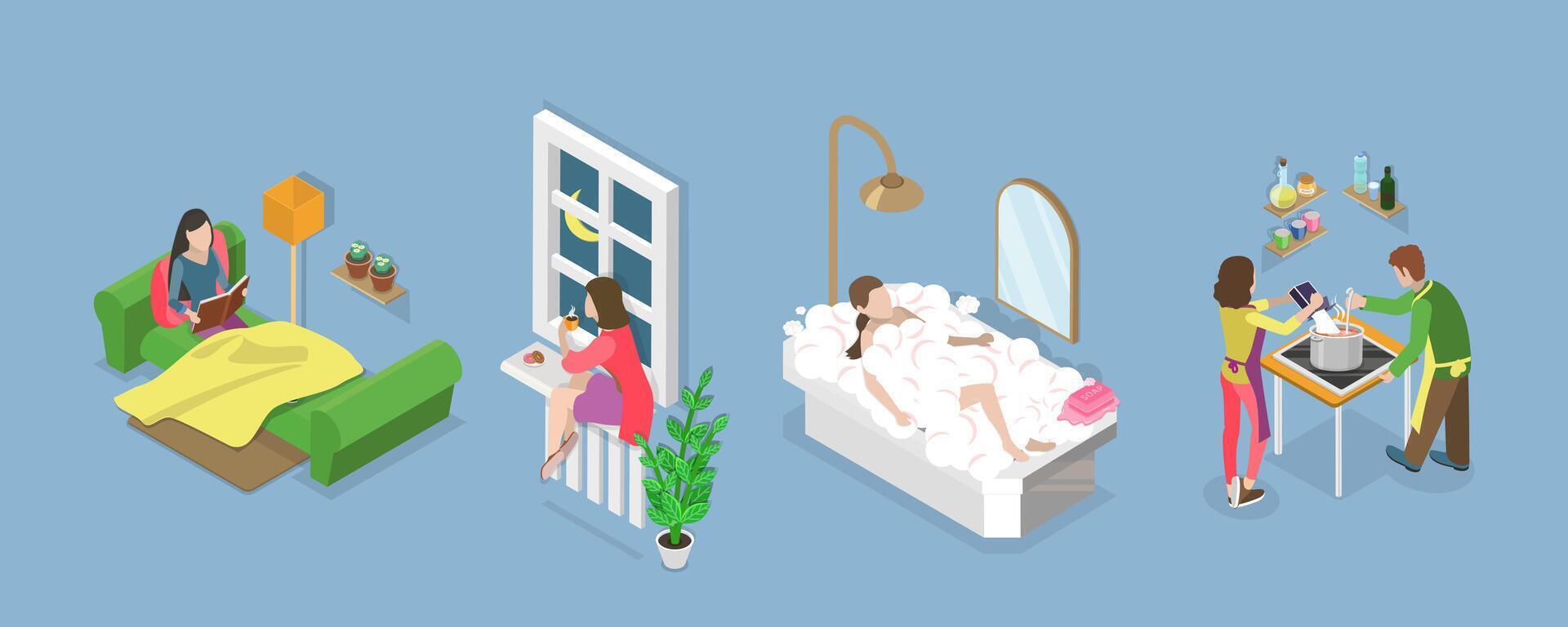 3D Isometric Flat Conceptual Illustration of Home Relax And Rest, Take Time to Chill vector
