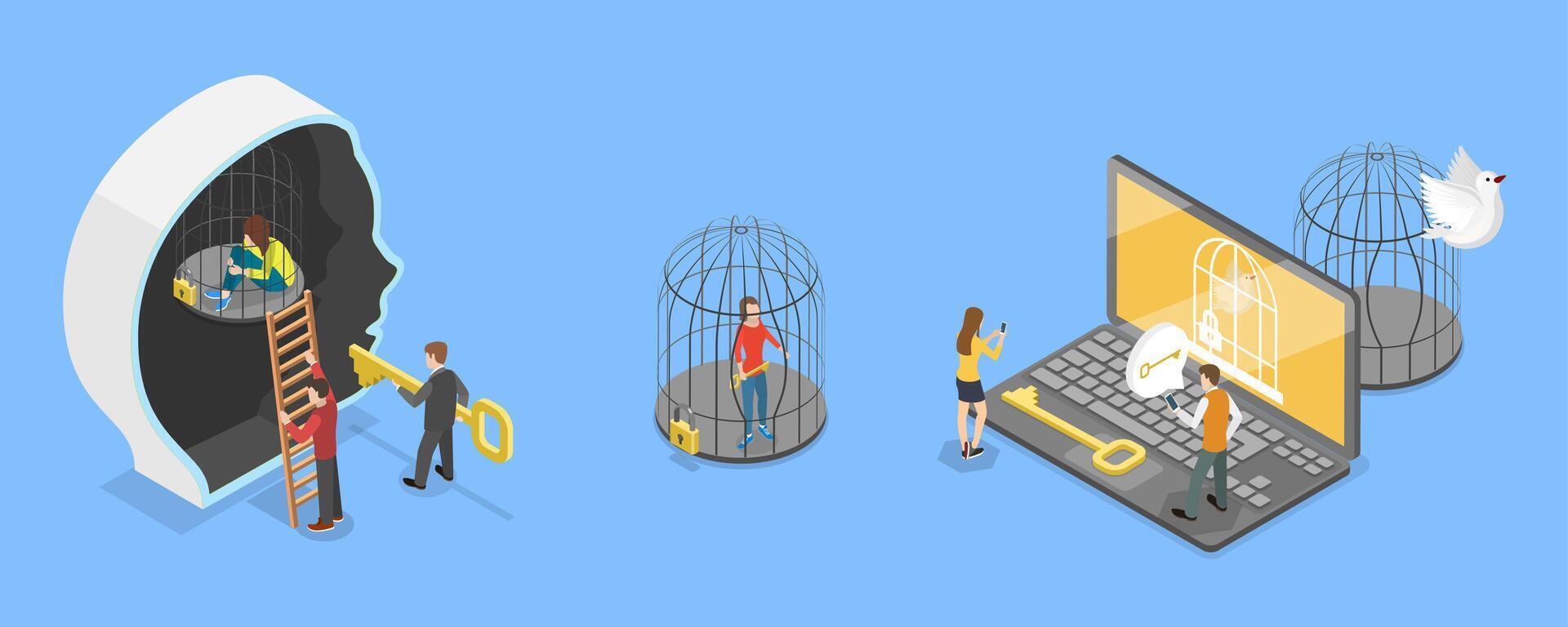 3D Isometric Flat Conceptual Illustration of Mind Prison, Locked in a Birdcage vector