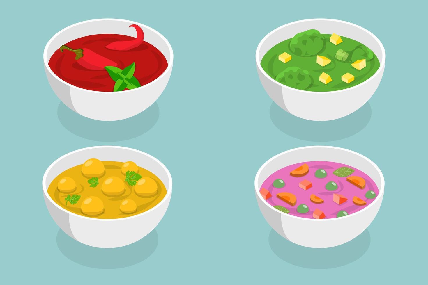 3D Isometric Flat Set of Soup Bowls, Different Types vector