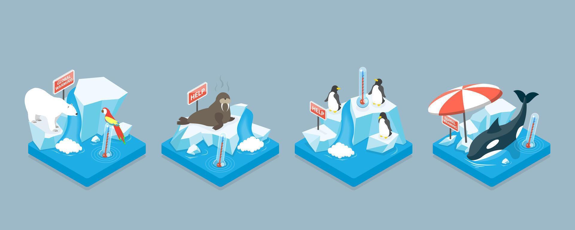 3D Isometric Flat Conceptual Illustration of Global Warming, Ice Melting, World Climate Changing vector