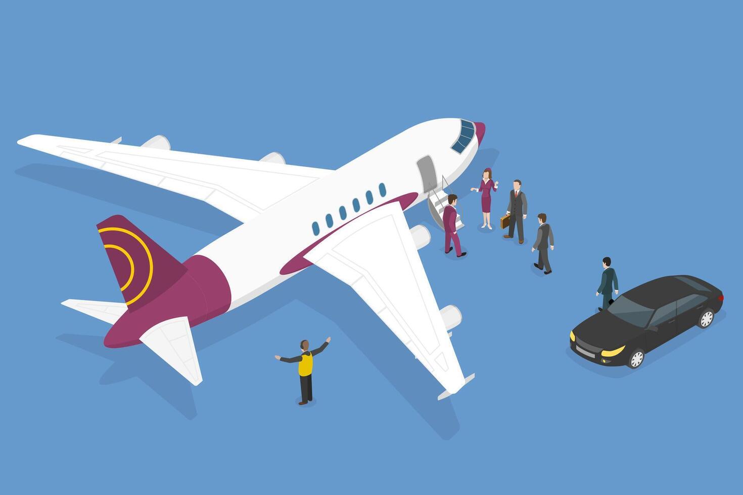3D Isometric Flat Conceptual Illustration of Private Jet, Luxury Airplane and Limousine Car Standing on Runway vector