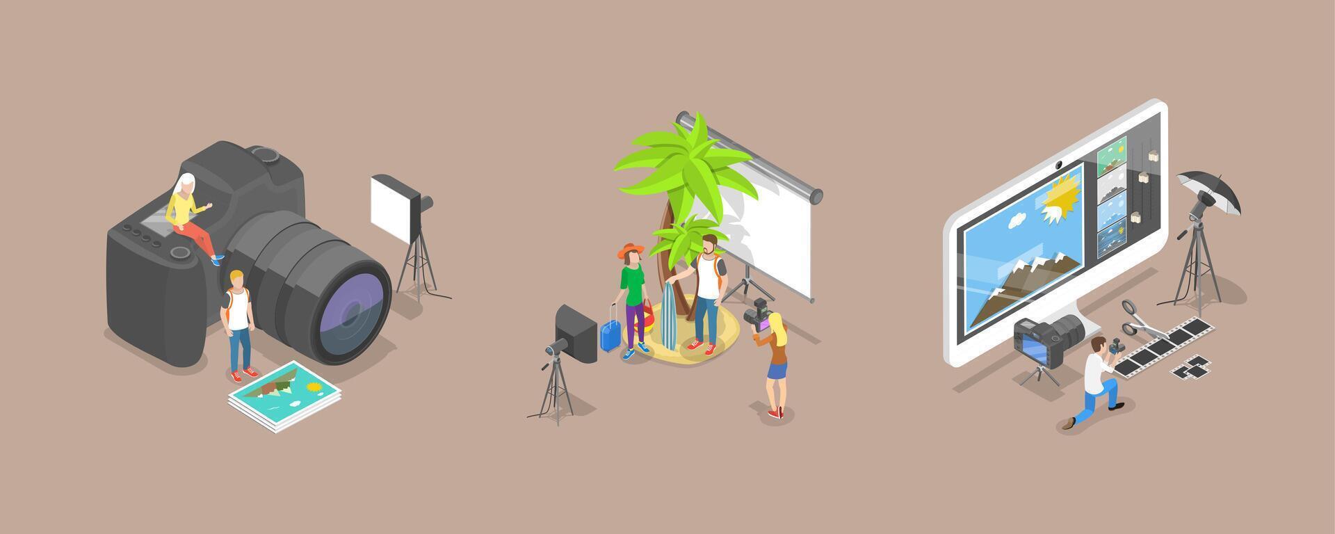 3D Isometric Flat Conceptual Illustration of Photographer, Creative Artistic Hobby or Occupation vector