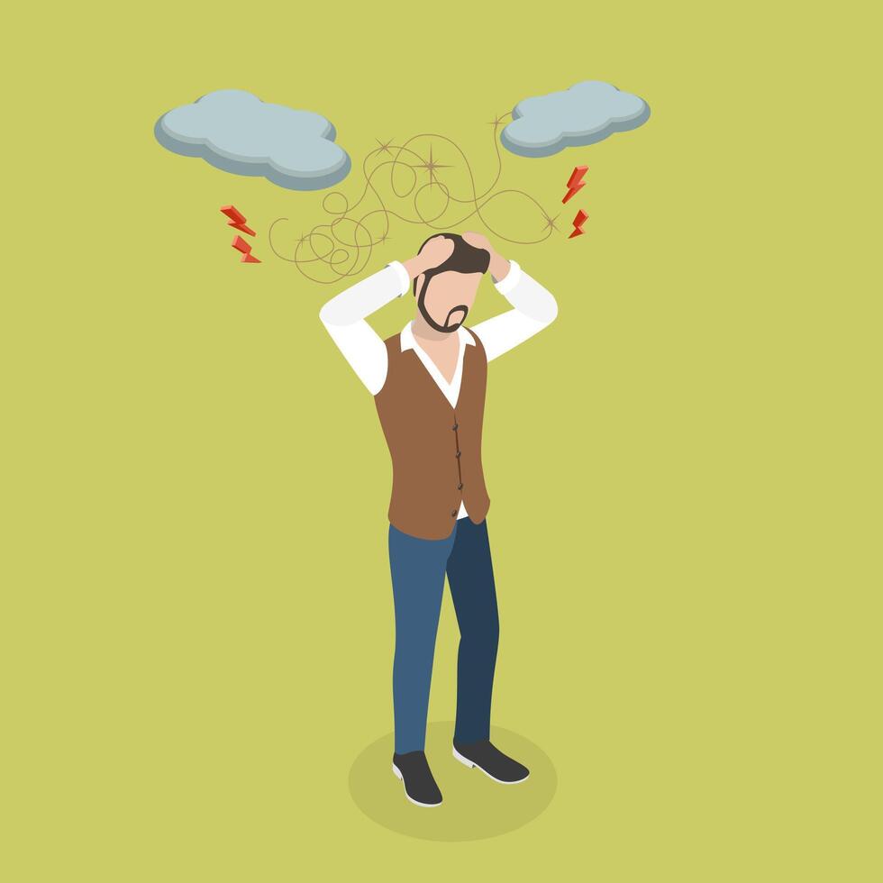 3D Isometric Flat Conceptual Illustration of Nervous Problems, Anxiety, Crisis and Exhaustion vector