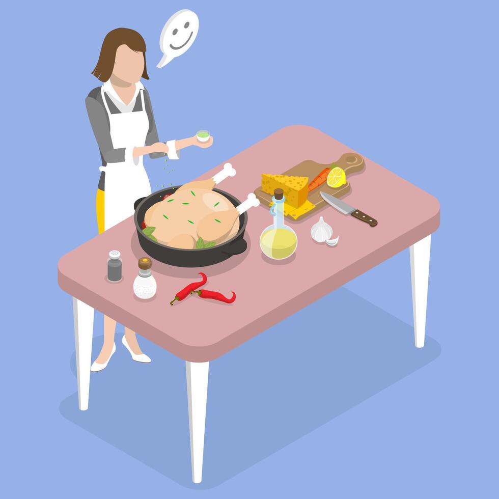 3D Isometric Flat Conceptual Illustration of Cooking Chicken, Homemade Diner vector