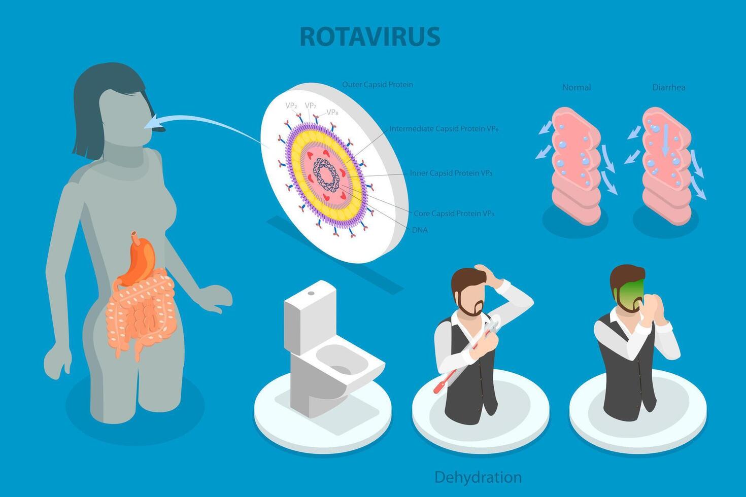 3D Isometric Flat Conceptual Illustration of Rotavirus Infection, Diarrhea, Vomiting and Dehydration vector