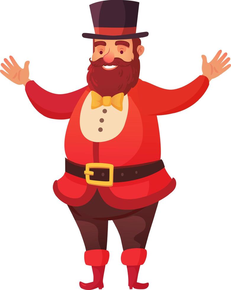 Cheerful, bearded circus performer in red costume and top hat, standing with arms outstretched, greeting audience and inviting to enter the show vector