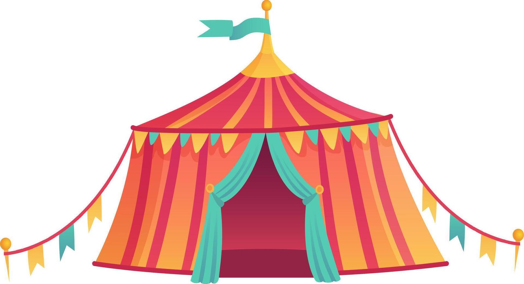 Brightly striped circus tent with open entrance, decorated with colorful flags, creates a festive atmosphere, inviting visitors to enter and experience the magic of the show vector