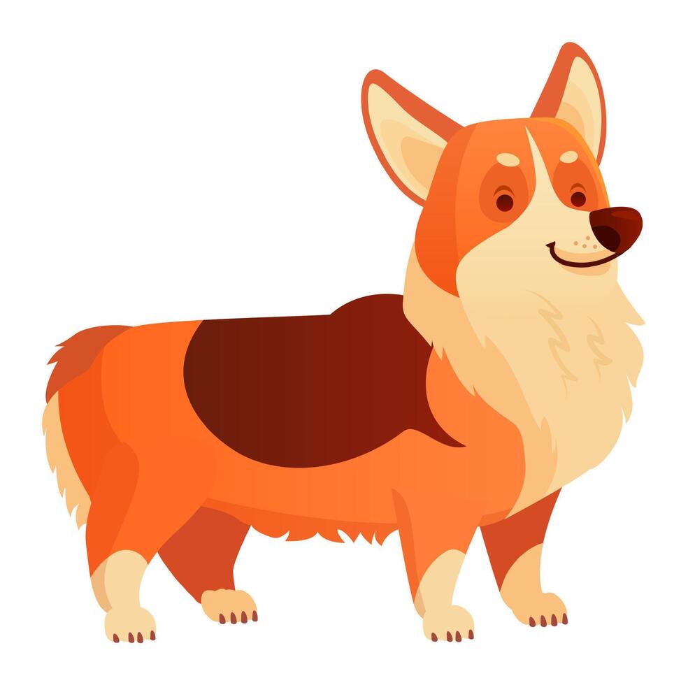 Cartoon illustration featuring a cheerful and adorable Welsh Corgi dog, standing proudly and smiling with joy, set against a clean, white background for a vibrant, eye catching effect vector
