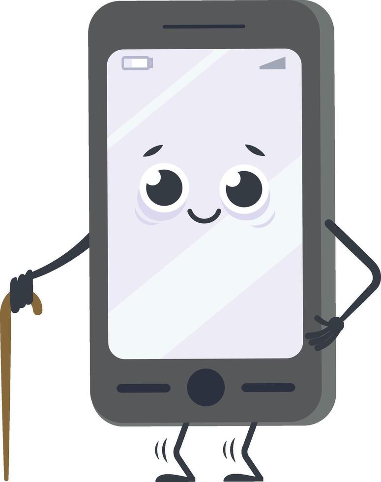 Funny illustration of an old smartphone walking like an elderly person using a cane and trembling legs, representing the concept of obsolescence and technological aging vector