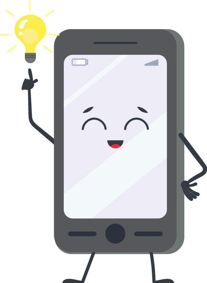 Cartoon smartphone featuring a cheerful face, happily pointing at a glowing light bulb symbolizing a brilliant idea, all set against a clean white background vector