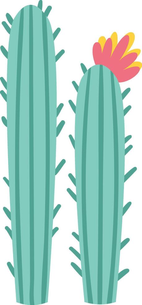 Two cartoon cacti, one with pink and yellow flower, are standing side by side over a white background, creating a simple yet vibrant desert scene vector