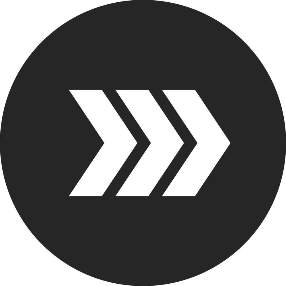 Minimalist design featuring three white arrows pointing right on a dark gray circular background, symbolizing forward movement, progress, and direction vector