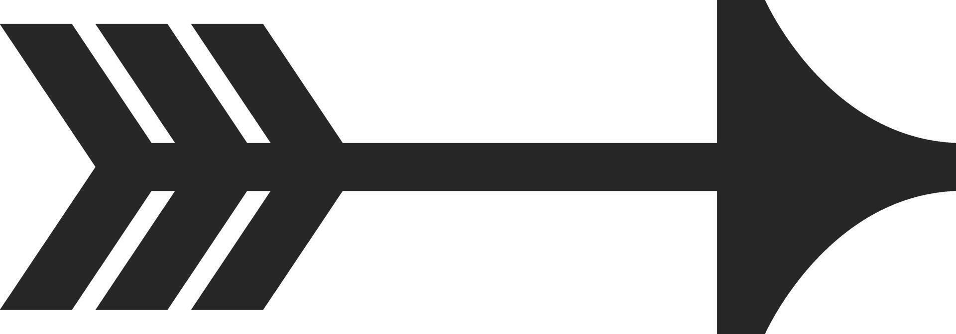 Simple black arrow icon pointing right with triple fletching, isolated on white background, representing direction, progress, and forward movement in a minimalist design vector